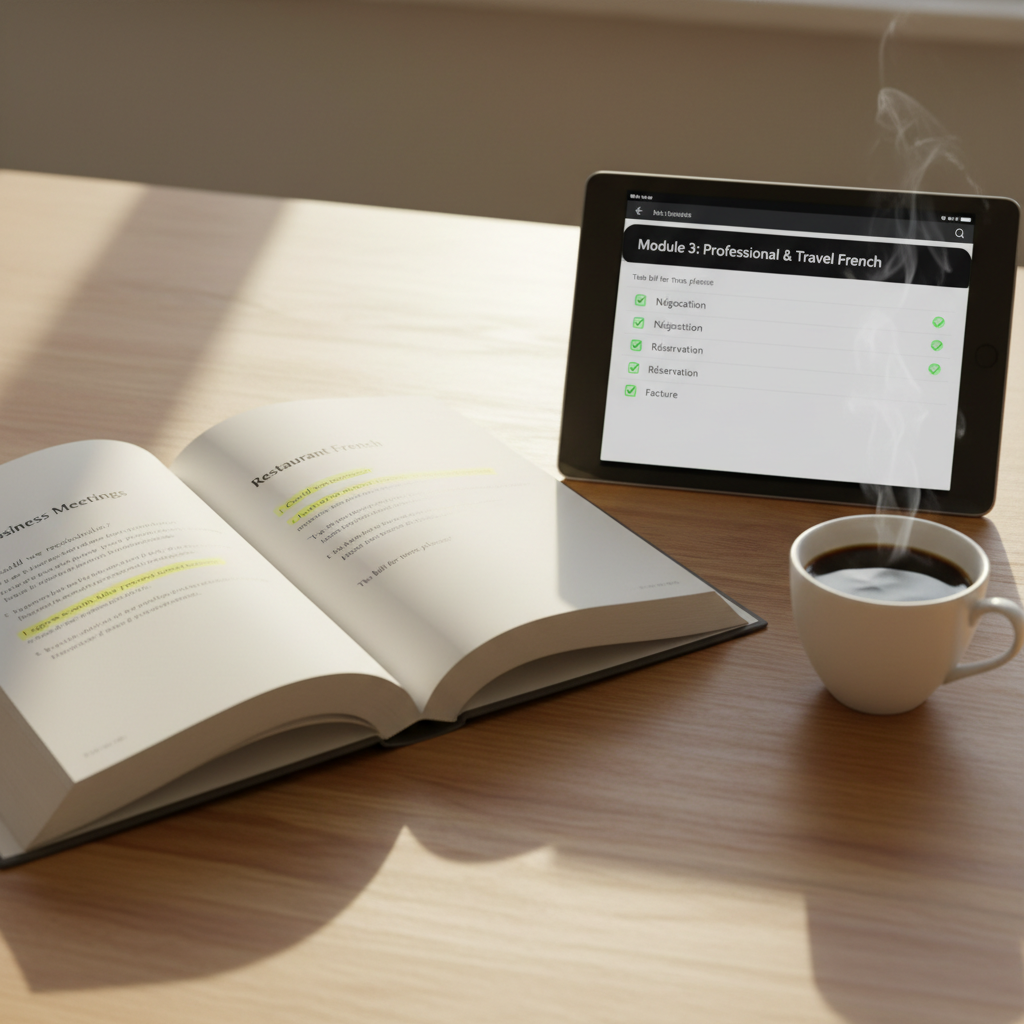 An open hardcover French phrasebook with crisp, cream-colored pages, clearly showing highlighted sections titled “Business Meetings” and “Restaurant French,” lying on a smooth oak table. Beside it, a slim tablet displays a neatly organized digital lesson plan with vocabulary lists and checkmarks. A small, elegant ceramic cup of black coffee sits nearby, steam faintly visible. Soft, diffused afternoon light from a nearby window creates warm highlights on the wood grain and gentle shadows under the objects. Shot from a slightly elevated angle in photographic realism, the composition follows the rule of thirds, conveying a professional, studious mood focused on practical French for work and travel.