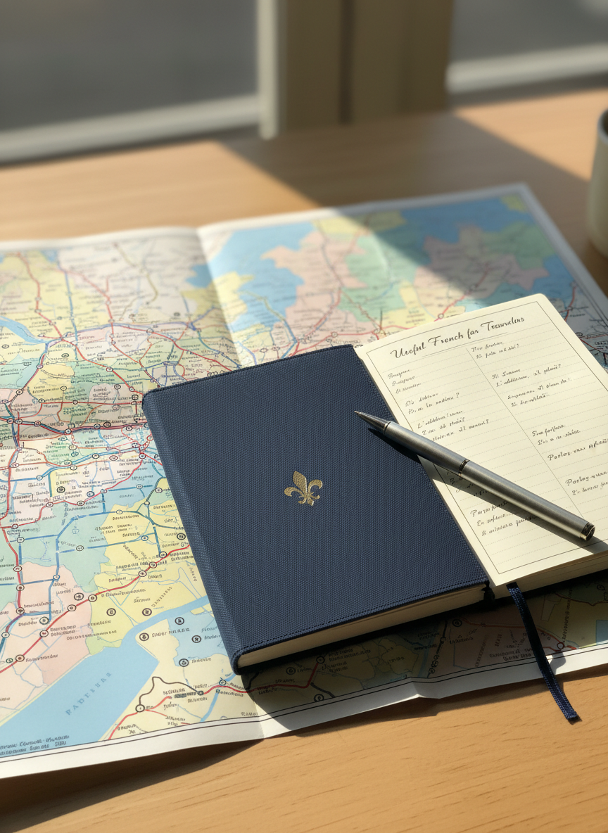 A large, detailed paper map of Paris spread flat across a light wooden table, its pastel-colored arrondissements and clearly marked metro lines sharply in focus. On top of the map rests a navy-blue travel notebook embossed with a subtle fleur-de-lis, opened to a page titled “Useful French for Travelers,” with neatly handwritten phrases. A slim metal pen lies diagonally across the page. Morning sunlight streams in from the left, creating bright, natural highlights and soft, directional shadows, while the background gently blurs. Photographic realism at a slightly overhead angle captures a calm, aspirational atmosphere, suggesting organized preparation for a French-speaking trip.